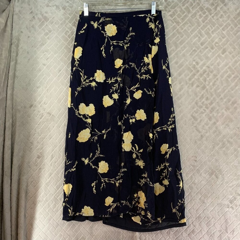 Windsmoor Wrap Skirt Womens 12 Long Midi Navy Blue Floral Chiffon Lined Coquette